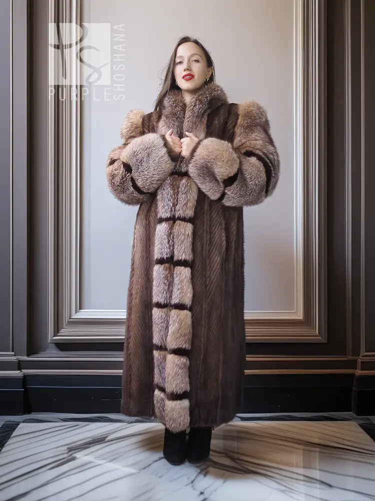 Long mink and fox fur coat with horizontal stripe bands and standing collar, taupe-brown