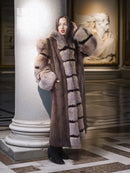 Full-length mink and fox fur coat with horizontal stripe bands and soft fur cuffs, taupe-brown