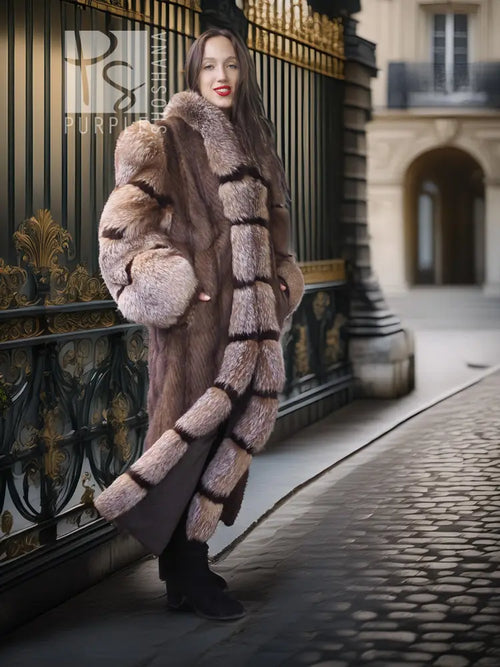 Side view of long mink and fox fur coat with striped panels and voluminous sleeves, taupe-brown