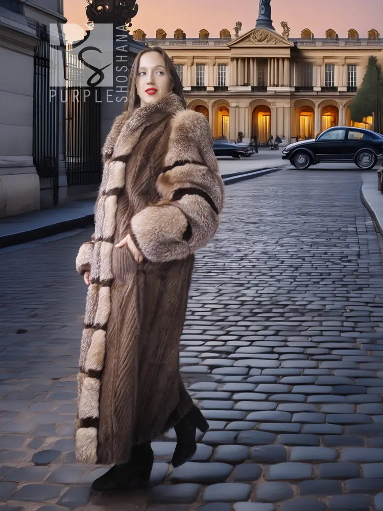 Long mink and fox fur coat with striped pattern and plush cuffs, taupe and dark brown