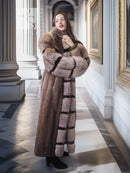 Mink and fox fur coat with striped center panel and high collar, taupe and dark brown