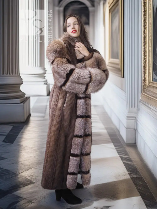 Mink and fox fur coat with striped center panel and high collar, taupe and dark brown