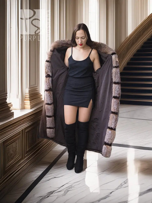 Herringbone mink full-length coat with hood and patterned fur panels