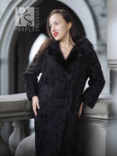 Dark lamb fur coat with button front and thick fur collar, side view