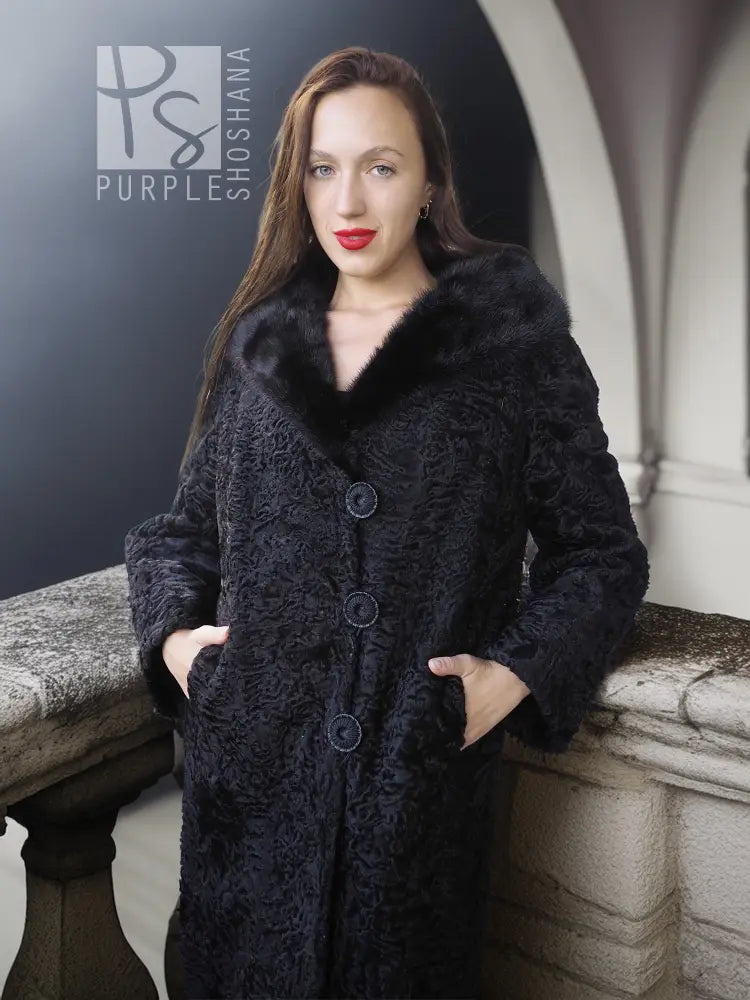 Dark lamb swakara coat with mink fur collar, three-button front, long sleeves