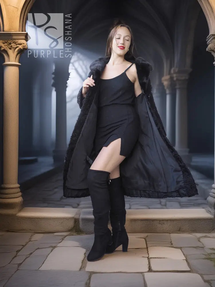 Dark lamb fur coat with fur collar and button front, worn over black dress