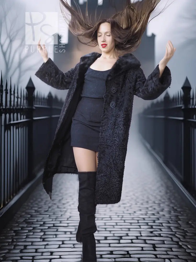 Dark long coat with mink fur collar and button closure, textured lamb look