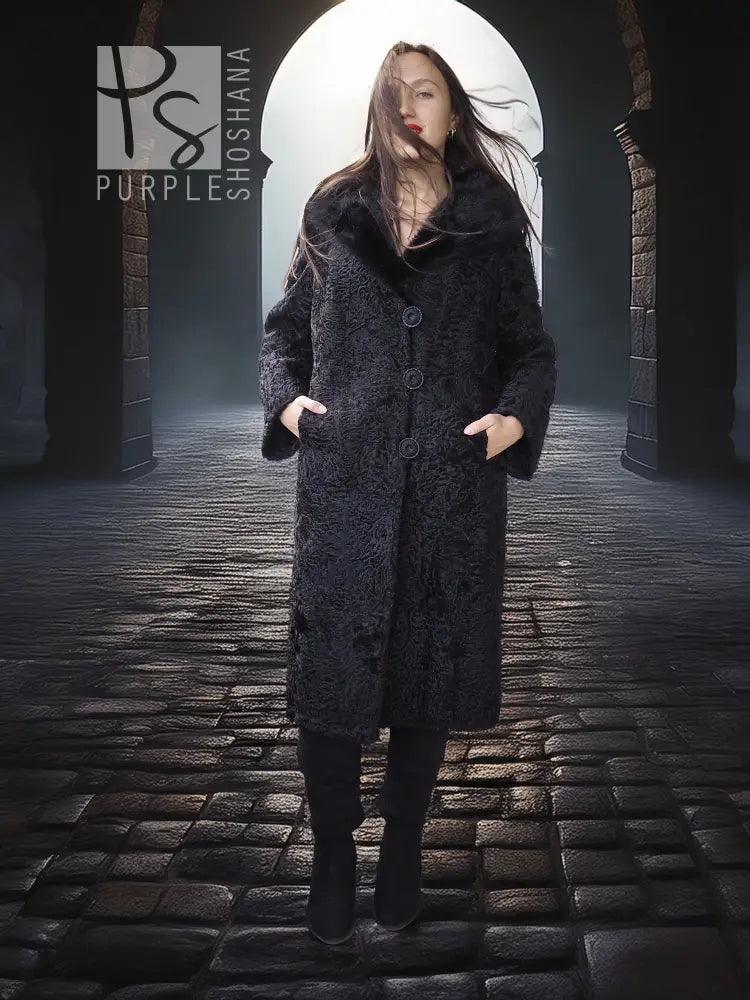 "The Black Mirage" – Lamb Swakara Coat with Mink Fur Collar S/M