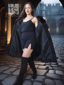 Lamb swakara coat with mink fur collar, dark textured wrap coat, long sleeves