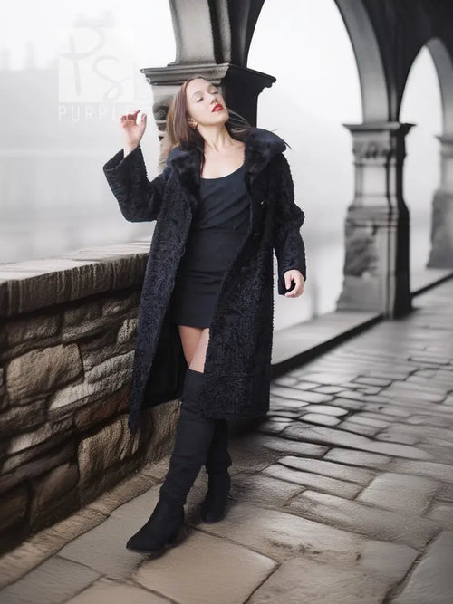 Dark coat with mink fur collar, button front, long sleeves, standing collar detail