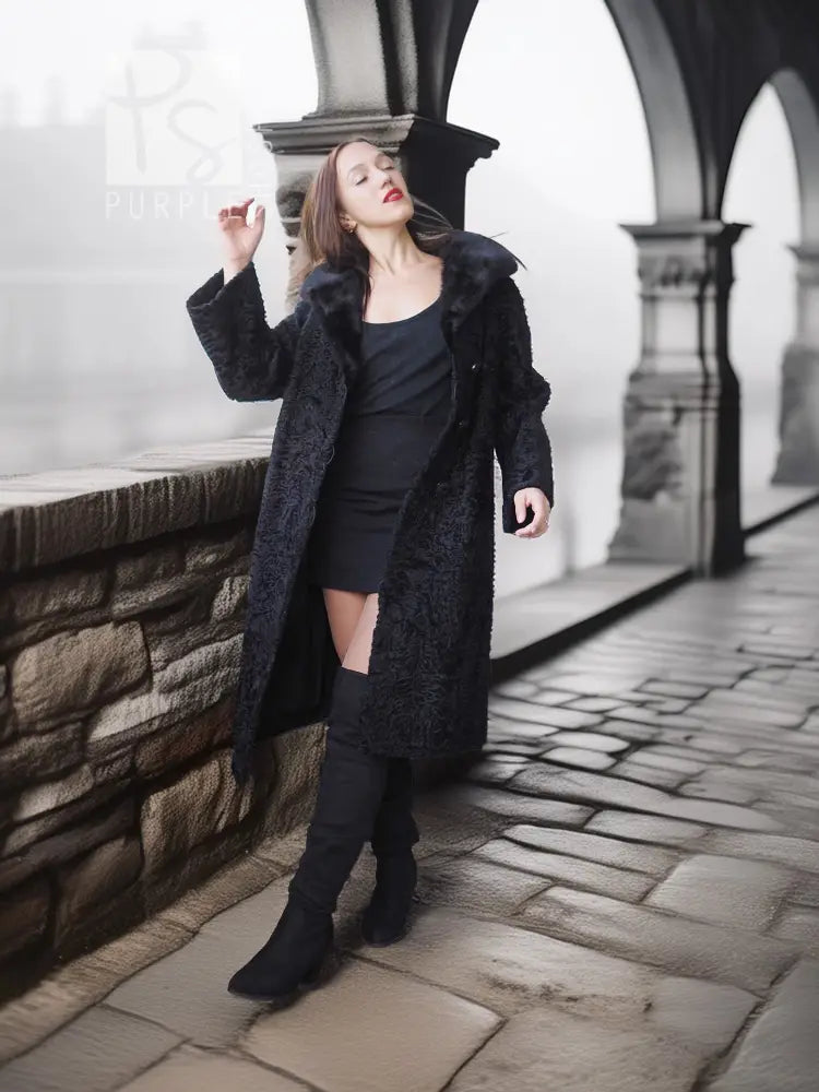Dark coat with mink fur collar, button front, long sleeves, standing collar detail