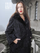 Dark lamb swakara coat with mink fur collar and button placket, textured fabric