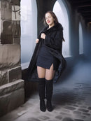 Lamb swakara coat with mink fur collar, dark textured open coat, long sleeves