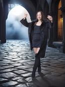 Dark lamb swakara coat with mink fur collar, mid-calf length, button front