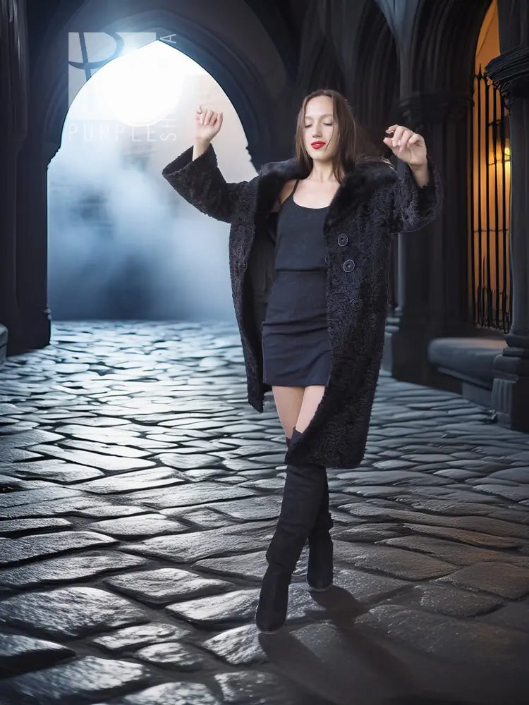Dark lamb swakara coat with mink fur collar, mid-calf length, button front