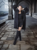 Mid-calf dark coat with mink fur collar, button front, flared sleeves
