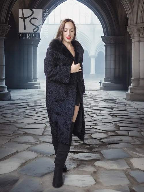 Lamb swakara coat with mink fur collar, dark textured long open coat, long sleeves