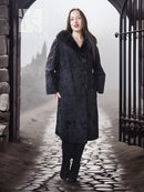 Dark lamb fur coat with fur collar and button front, centered front view