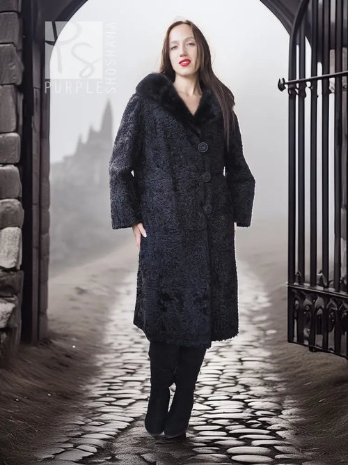 Dark lamb fur coat with fur collar and button front, centered front view