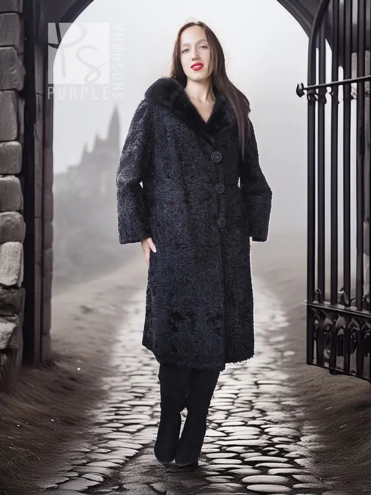 Dark lamb fur coat with fur collar and button front, centered front view