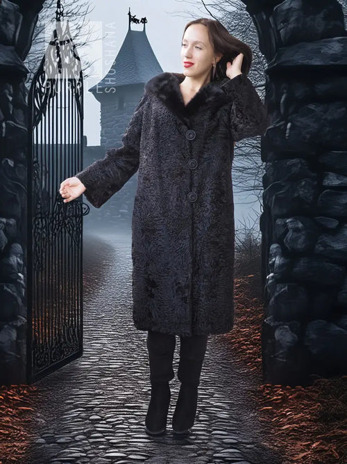 Dark lamb fur coat with fur collar and button front, full-length front view