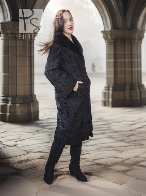 Dark lamb swakara coat with plush mink fur collar and button front, long sleeves