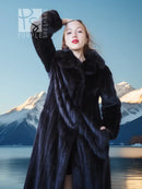 Black mink coat and black dress with wide collar, tall boots