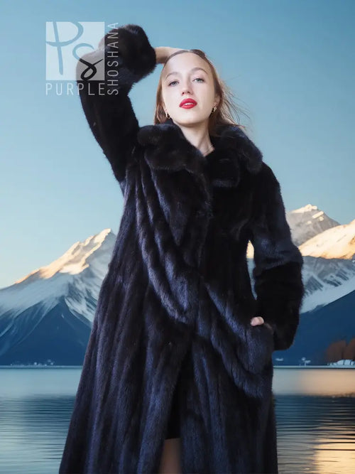 Black mink coat and black dress with wide collar, tall boots
