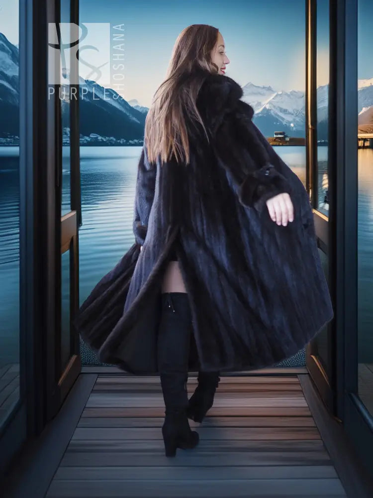 Black mink coat over black dress with back slit, side view, tall boots