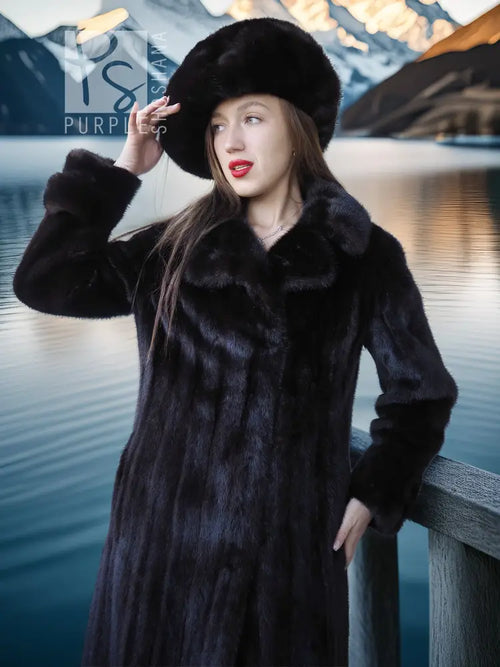 Black mink hooded beret-style hat and long coat with thick fur collar