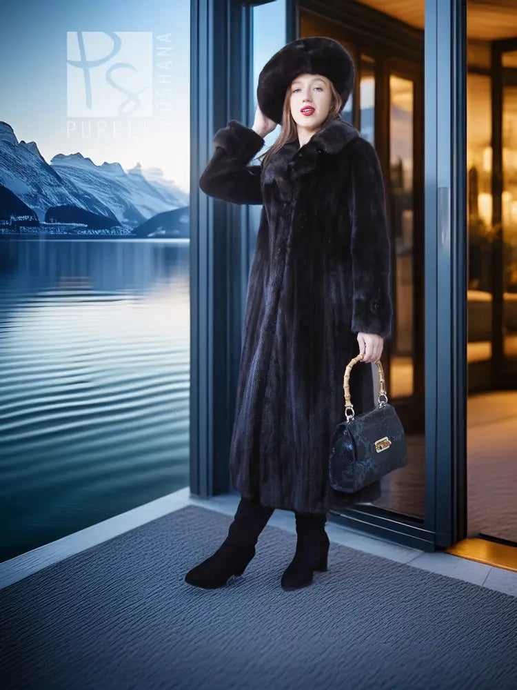 Black mink coat ensemble with beret, long fur coat and black handbag, standing by an open door