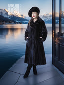 Black mink coat ensemble with beret, full-length long fur coat and black ankle boots