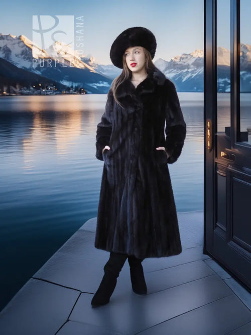 Black mink coat ensemble with beret, full-length long fur coat and black ankle boots