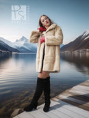 Light cream faux mink fur coat with red inner cuffs, worn over a black dress
