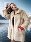 Light cream faux mink fur coat with red inner cuffs, collar wide and relaxed fit
