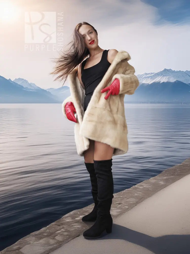 Cream faux mink fur coat with red glove accents, worn open over a black dress
