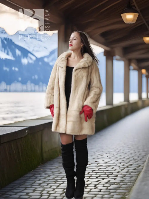 Light beige mink fur coat, buttonless design, red gloves and black mini dress