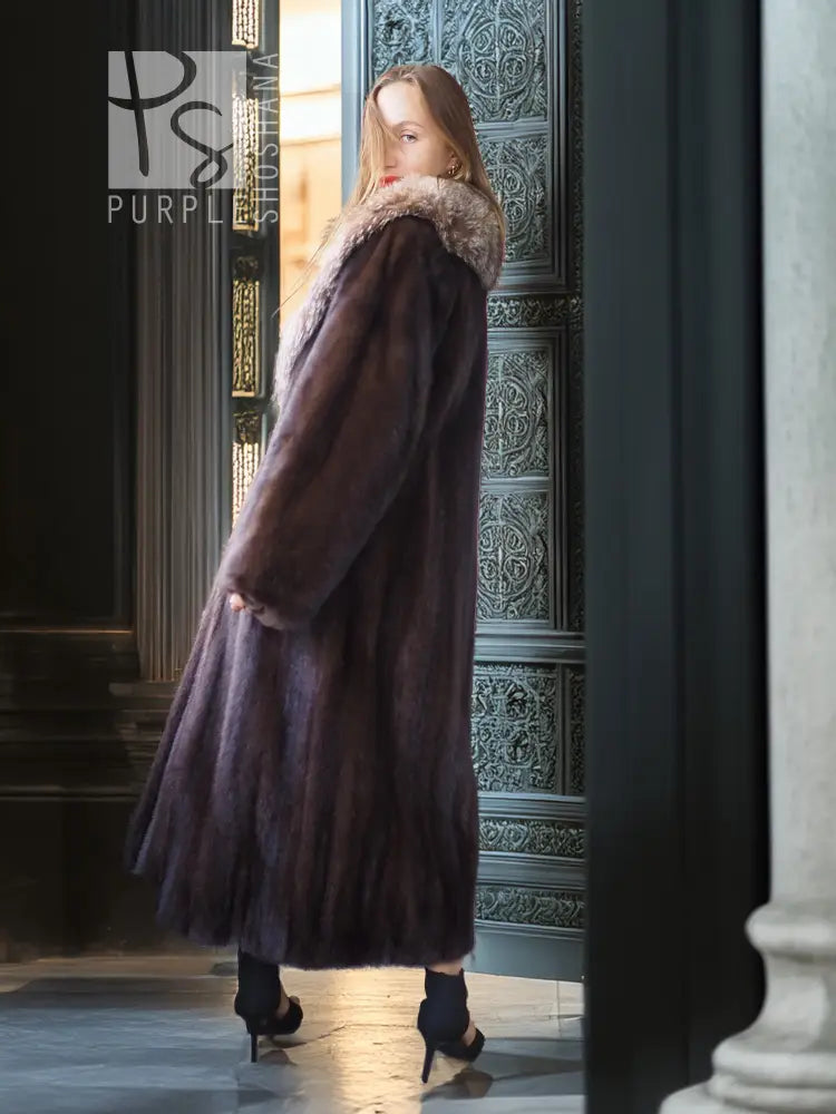 Vintage mink fur coat with pale fox-fur collar, side profile, full length.