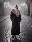 Vintage mink fur coat with pale fox-fur collar, standing front view, long length.