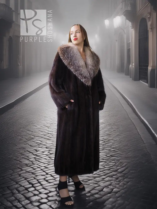 Vintage mink fur coat with pale fox-fur collar, standing front view, long length.