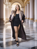 Vintage mink fur coat with light gray fox fur collar, full-length front view