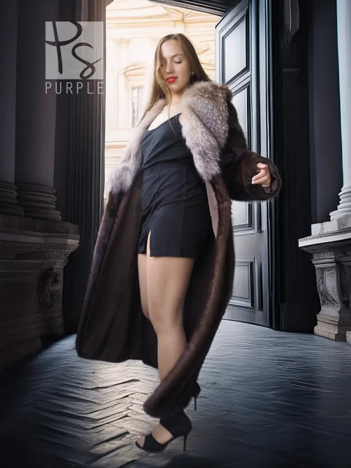 Vintage mink fur coat with light gray fox fur collar, open front styling
