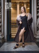 Dark mahogany mink fur coat with large light-gray fox fur crystal collar and open front