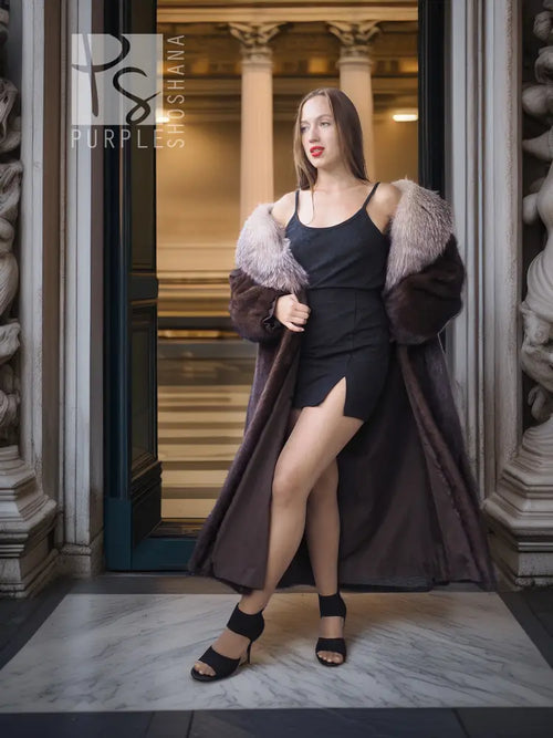 Dark mahogany mink fur coat with large light-gray fox fur crystal collar and open front