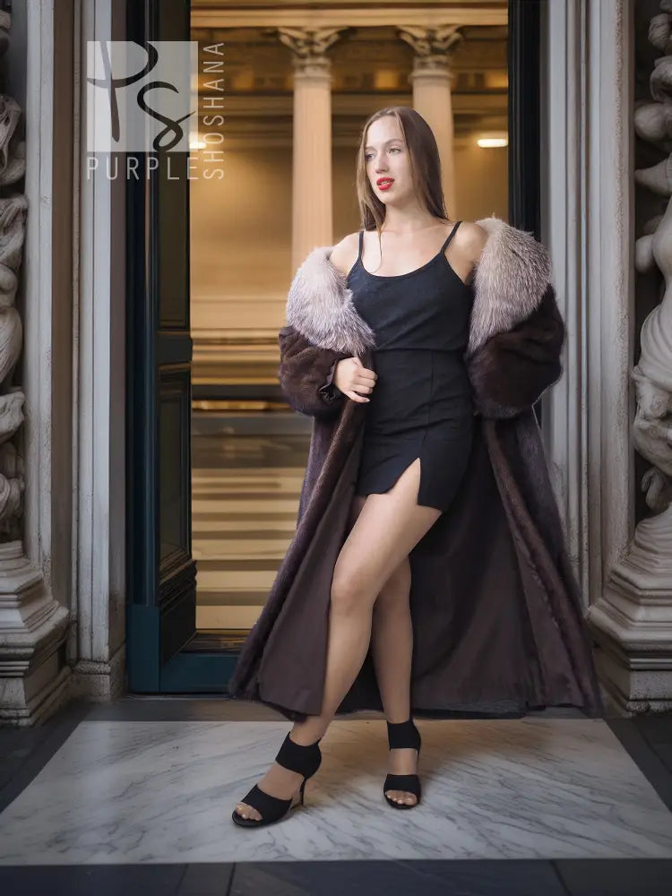 Dark mahogany mink fur coat with large light-gray fox fur crystal collar and open front