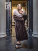 Vintage mink fur coat with light gray fox fur collar and draped long fit