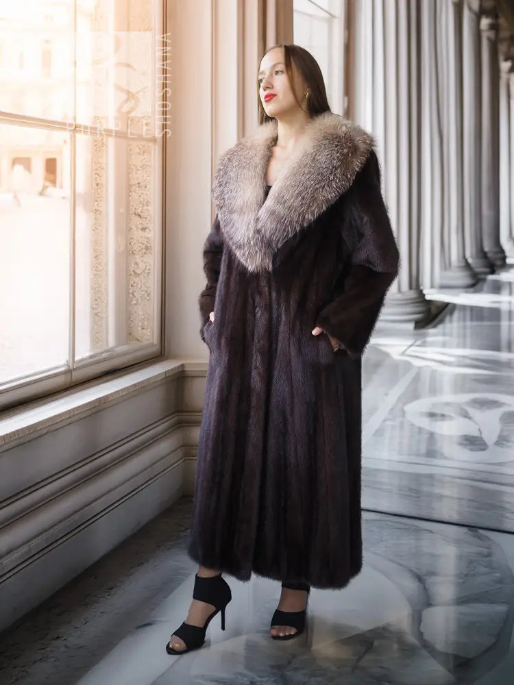 Vintage mink fur coat with light gray fox fur collar and long dark sleeves