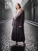 Vintage mink fur coat with pale fox-fur collar, three-quarter view, full length.