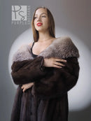 Vintage mink fur coat with pale fox-fur collar, front close-up, long sleeves.