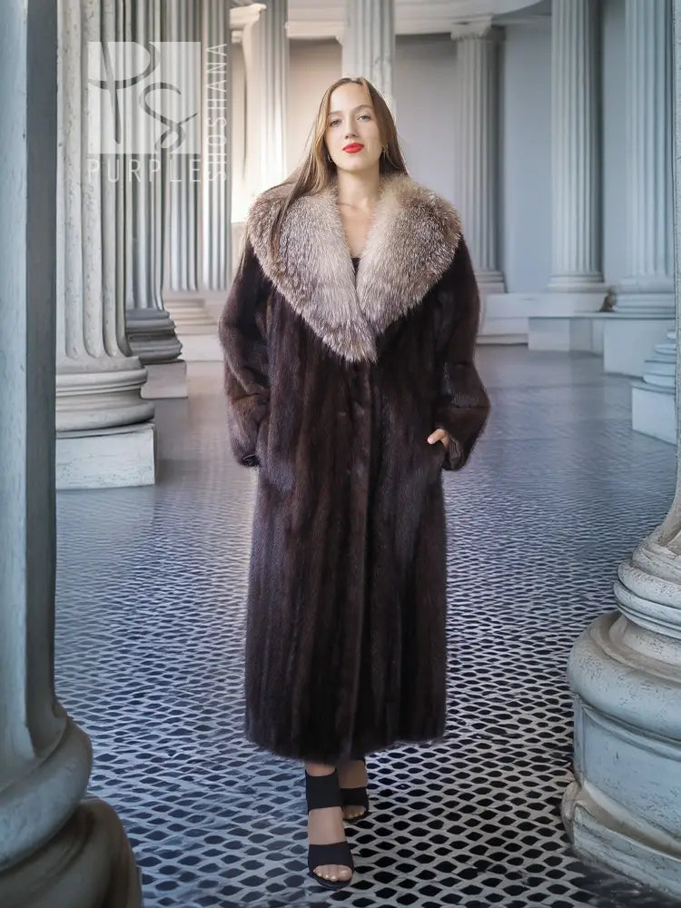 Long mahogany mink fur coat with large light-gray fox fur crystal collar and buttoned front